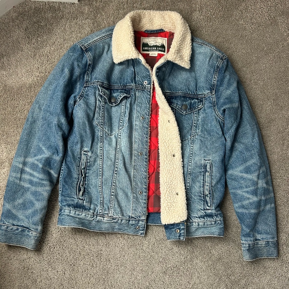 American Eagle Sherpa Lined Classic Denim Jacket Mens Sz S Double Chest Unisex
